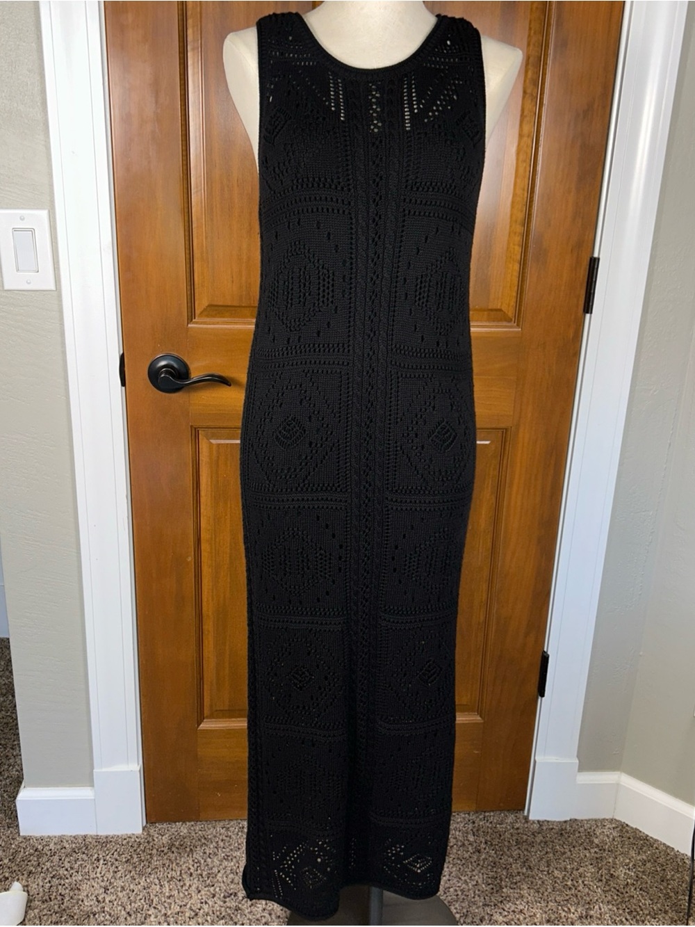 Ophelia Roe Black knit Crochet Sleeveless Dress Women’s Med Summer Beach